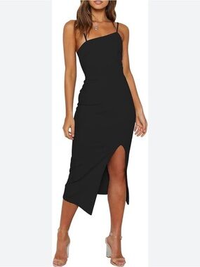 Black Asymmetrical Midi Dress with Side Slit